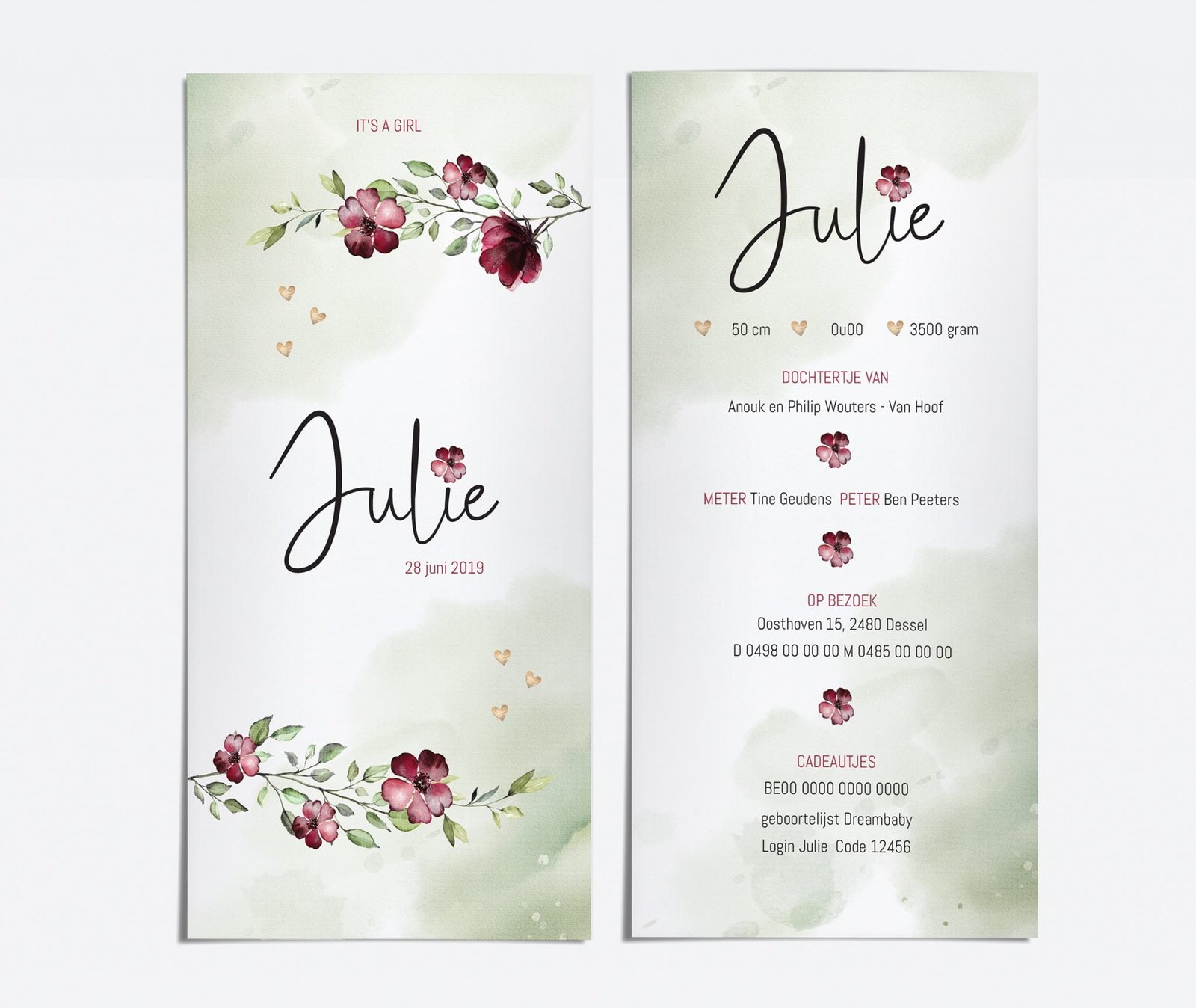 Julie GEBOORTEKAARTJE BLOEMEN WATERVERF
