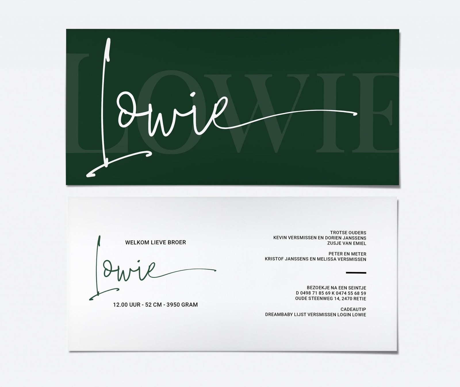 Lowie geboortekaartje typografisch donkergroen