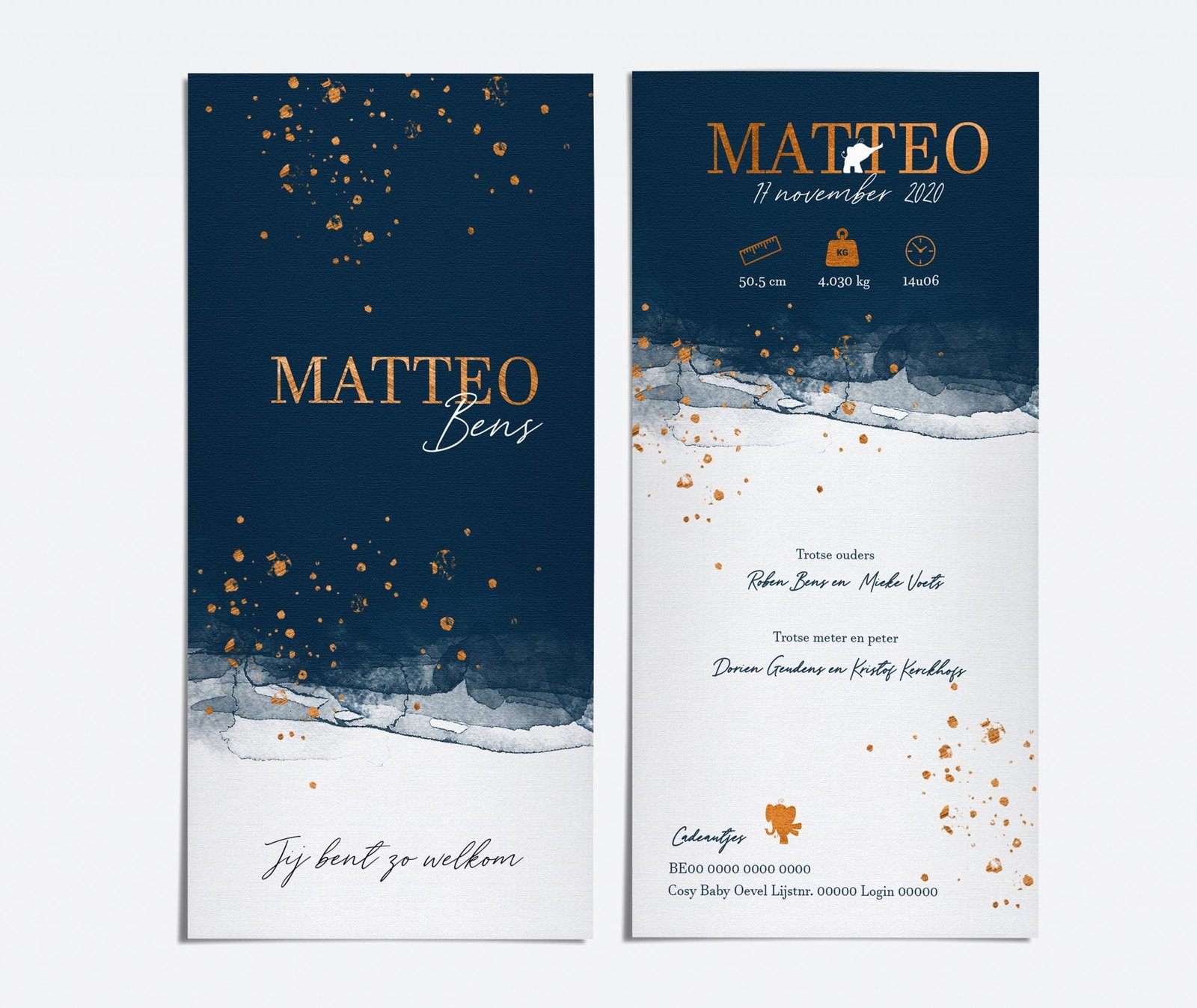 matteo geboortekaartje marineblauw koper
