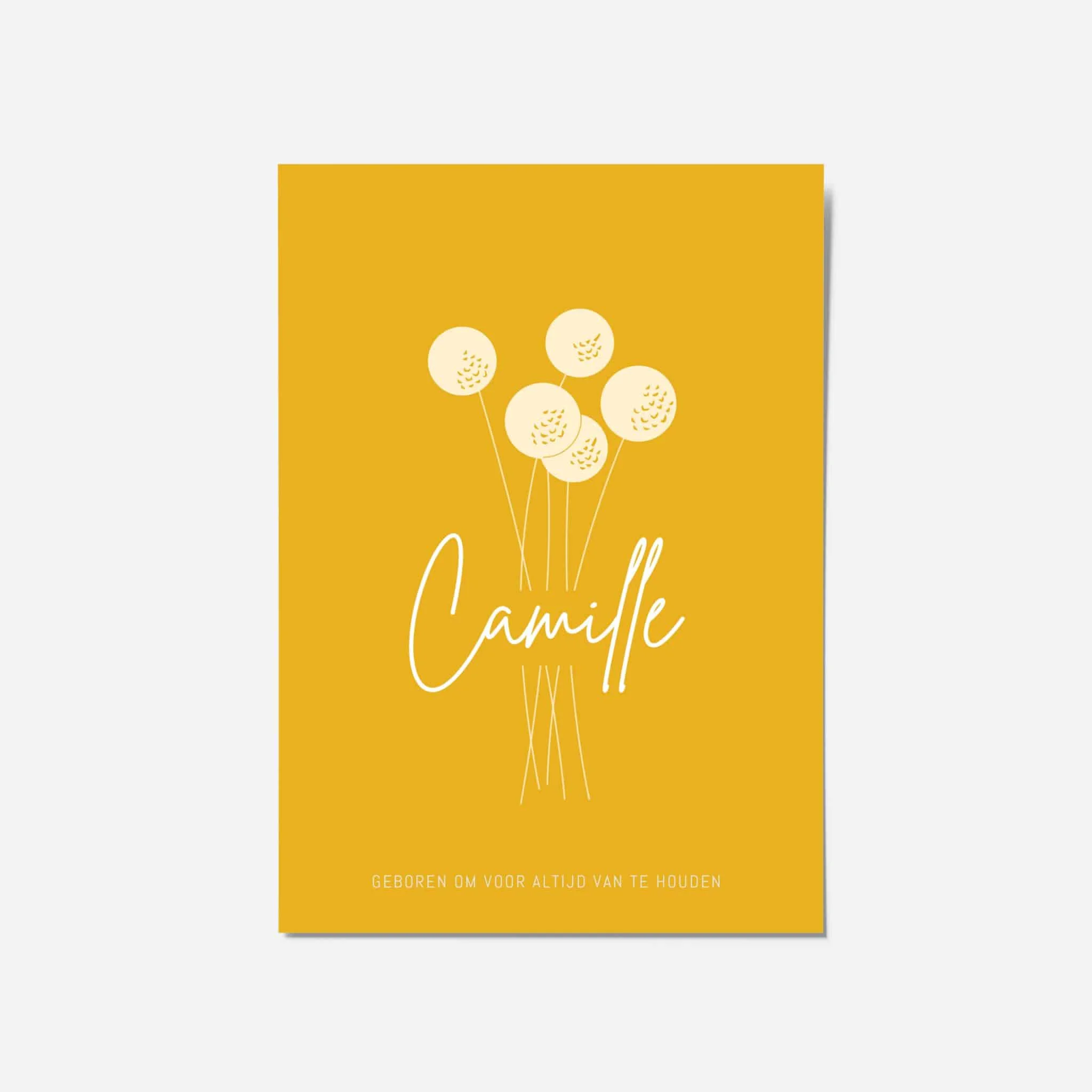 Camille geboortekaartje droogbloemen craspedia okergeel
