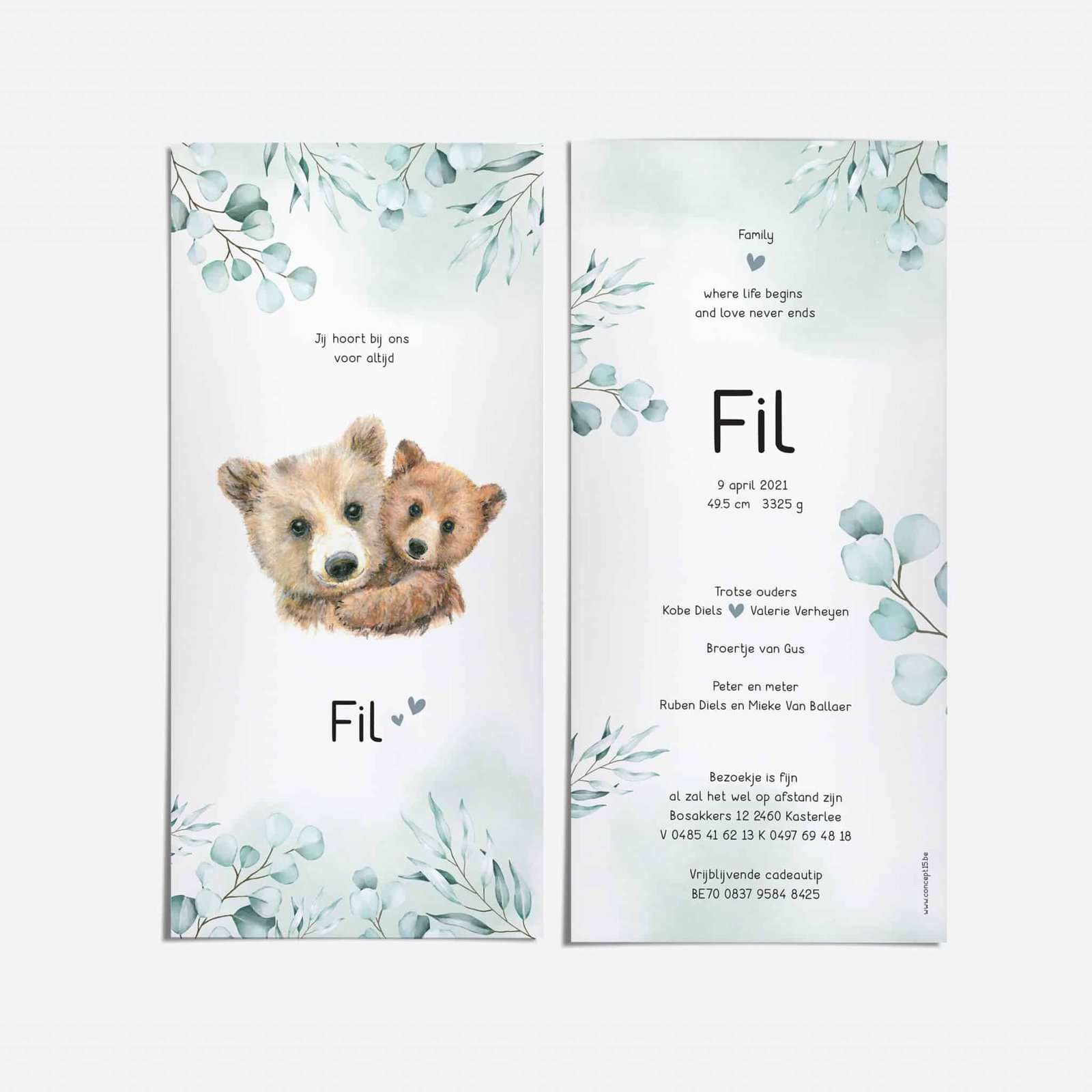 Mockup US STAAND DEF geboortekaartje beertjes eucalyptus